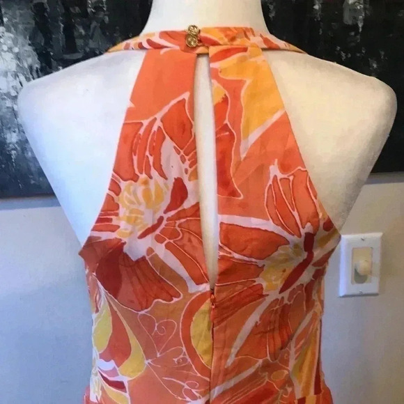 KAY UNGER Orange Silk Ruffled Front Halter Dress with Brooch Peephole Back-8 - Picture 7 of 10